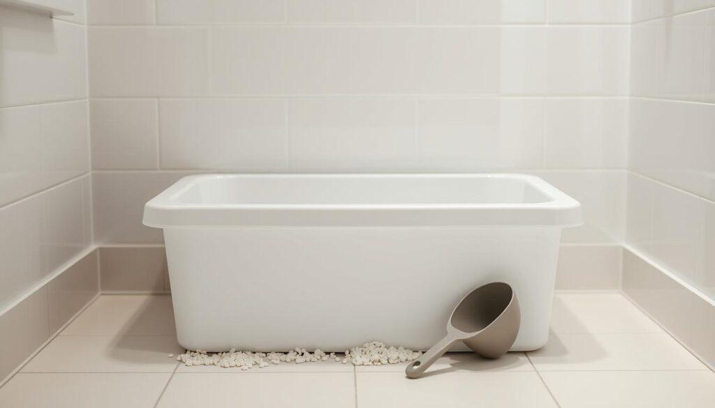 A well-organized and meticulously clean litter box, set against a bright, minimalist bathroom backdrop. The litter is fresh and odor-free, with a scooper neatly placed nearby. Soft, indirect lighting casts a calming glow, complemented by clean, white tiles and a sleek, modern design. The scene conveys a sense of order, efficiency, and attention to detail - essential elements of an effective cleaning routine for managing cat odors in the home. A well-organized and meticulously clean litter box, set against a bright, minimalist bathroom backdrop. The litter is fresh and odor-free, with a scooper neatly placed nearby. Soft, indirect lighting casts a calming glow, complemented by clean, white tiles and a sleek, modern design. The scene conveys a sense of order, efficiency, and attention to detail - essential elements of an effective cleaning routine for managing cat odors in the home.