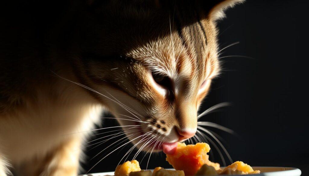 a close-up view of a domestic cat intently focused on eating its food, with natural lighting illuminating the scene from the side, creating deep shadows and highlights that accentuate the feline's features and the texture of the food. The cat's head is slightly tilted, and its eyes are narrowed in concentration as it licks and chews, the muscles in its jaws visibly working. The background is blurred, drawing the viewer's attention to the cat's feeding behavior. The overall mood is one of calm observation, inviting the viewer to witness this intimate moment in the life of a cat. a close-up view of a domestic cat intently focused on eating its food, with natural lighting illuminating the scene from the side, creating deep shadows and highlights that accentuate the feline's features and the texture of the food. The cat's head is slightly tilted, and its eyes are narrowed in concentration as it licks and chews, the muscles in its jaws visibly working. The background is blurred, drawing the viewer's attention to the cat's feeding behavior. The overall mood is one of calm observation, inviting the viewer to witness this intimate moment in the life of a cat.