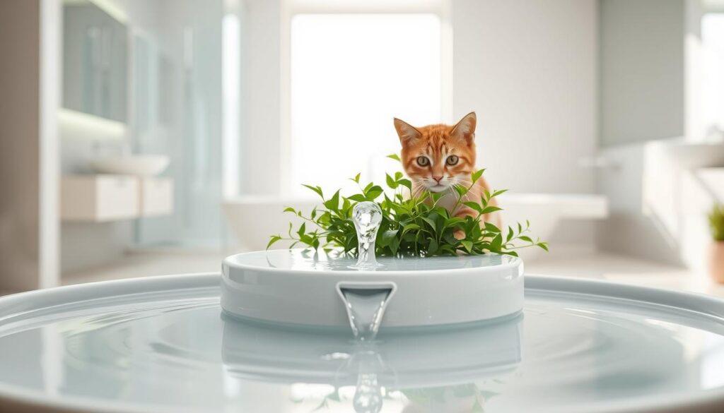 A bright and clean cat water fountain, with a clear stream of water cascading over the smooth ceramic surface. The middle ground features a fresh, green plant, symbolizing the healthy, thriving environment. The background showcases a spotless, minimalist bathroom interior, with natural light filtering in through a large window. The overall scene conveys a sense of order, cleanliness, and the importance of maintaining a hygienic water source for a beloved feline companion. A bright and clean cat water fountain, with a clear stream of water cascading over the smooth ceramic surface. The middle ground features a fresh, green plant, symbolizing the healthy, thriving environment. The background showcases a spotless, minimalist bathroom interior, with natural light filtering in through a large window. The overall scene conveys a sense of order, cleanliness, and the importance of maintaining a hygienic water source for a beloved feline companion.