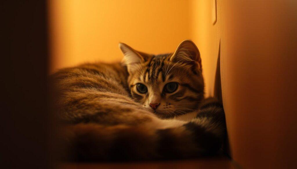A cat curled up in a cozy, dimly lit corner, peeking out cautiously from its hiding spot. The scene is bathed in warm, soft lighting, creating an atmosphere of comfort and security. The cat's eyes are alert, reflecting its uncertainty and desire to remain unseen. The background is blurred, placing the focus on the feline's hiding behavior. Utilizes a shallow depth of field to emphasize the cat's body language and facial expression. Captures the essence of a cat's instinctual need to find safe havens when introduced to a new environment. A cat curled up in a cozy, dimly lit corner, peeking out cautiously from its hiding spot. The scene is bathed in warm, soft lighting, creating an atmosphere of comfort and security. The cat's eyes are alert, reflecting its uncertainty and desire to remain unseen. The background is blurred, placing the focus on the feline's hiding behavior. Utilizes a shallow depth of field to emphasize the cat's body language and facial expression. Captures the essence of a cat's instinctual need to find safe havens when introduced to a new environment.