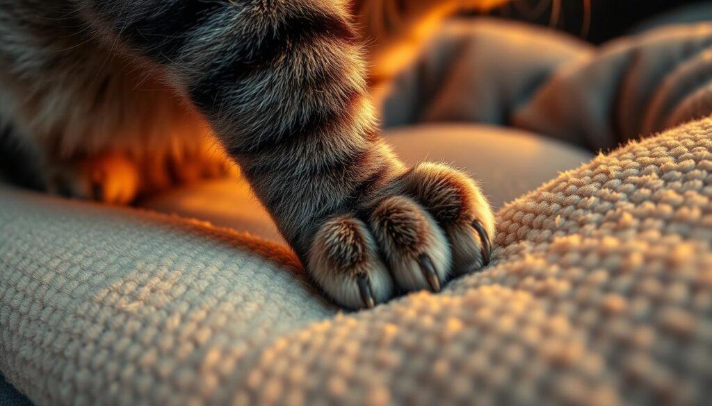A close-up view of a feline's paw with extended claws, marking its territory by scratching on a soft, plush dog bed. The cat's body language conveys a sense of territorial dominance, with its back arched and ears slightly flattened. The bed's fabric is textured, appearing well-worn, hinting at the cat's repeated scent marking. Warm, ambient lighting casts shadows, emphasizing the cat's defined musculature and the tactile nature of the scene. The composition is framed tightly, focusing the viewer's attention on the fundamental act of territorial behavior. A close-up view of a feline's paw with extended claws, marking its territory by scratching on a soft, plush dog bed. The cat's body language conveys a sense of territorial dominance, with its back arched and ears slightly flattened. The bed's fabric is textured, appearing well-worn, hinting at the cat's repeated scent marking. Warm, ambient lighting casts shadows, emphasizing the cat's defined musculature and the tactile nature of the scene. The composition is framed tightly, focusing the viewer's attention on the fundamental act of territorial behavior.