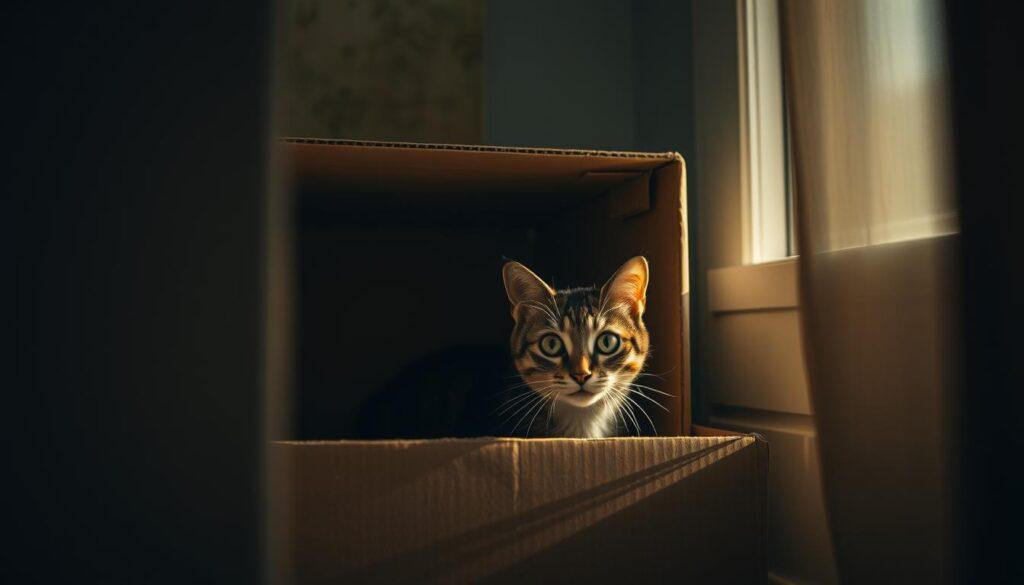 A cozy, dimly lit corner of a home interior, with a cardboard box or cat bed nestled in a shadowy alcove. Soft, diffused lighting from a nearby window casts a warm glow, creating a sense of security and refuge. A tabby cat, its eyes peering cautiously from the box's entrance, exudes a palpable sense of wariness and hesitation, reflecting the initial stages of a cat's acclimation to a new environment. The scene evokes the instinctual need for a safe, familiar space where a cat can retreat and slowly build trust in its surroundings. A cozy, dimly lit corner of a home interior, with a cardboard box or cat bed nestled in a shadowy alcove. Soft, diffused lighting from a nearby window casts a warm glow, creating a sense of security and refuge. A tabby cat, its eyes peering cautiously from the box's entrance, exudes a palpable sense of wariness and hesitation, reflecting the initial stages of a cat's acclimation to a new environment. The scene evokes the instinctual need for a safe, familiar space where a cat can retreat and slowly build trust in its surroundings.