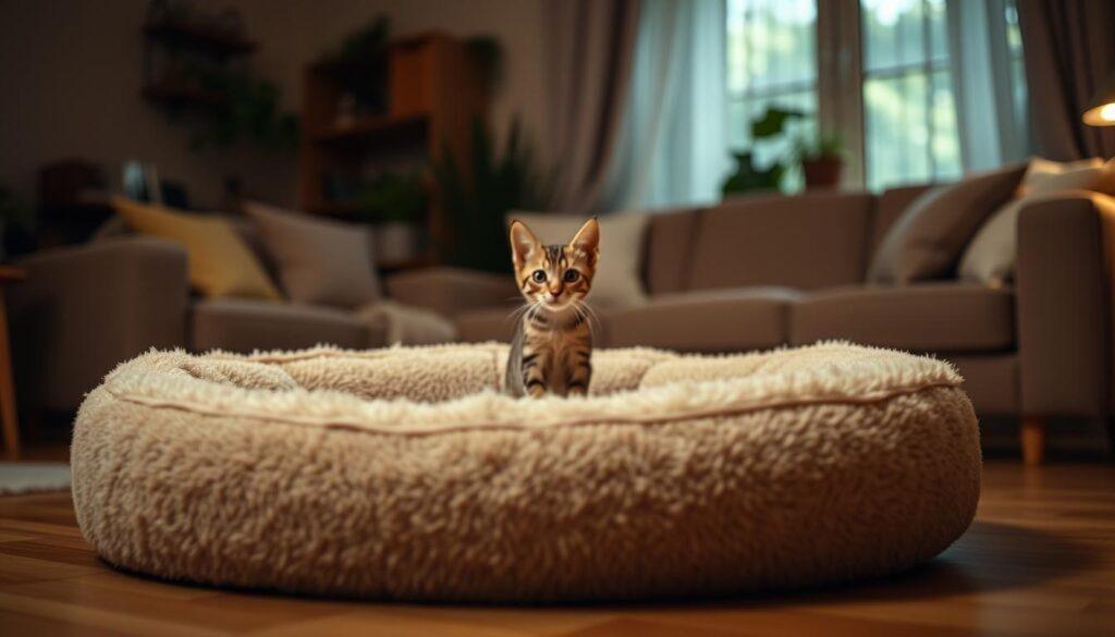 A dimly lit, cozy living room setting with a plush, inviting dog bed in the foreground. In the middle ground, a curious feline figure stands alert, its gaze fixed intently on the dog bed, representing the instinctual drives that trigger feline urinary behavior. The background features subtle, naturalistic elements that evoke a sense of comfort and domesticity, such as soft lighting, potted plants, and warm-toned furniture. The overall atmosphere is one of subtle tension, highlighting the complex interplay between a cat's natural instincts and the indoor environment. A dimly lit, cozy living room setting with a plush, inviting dog bed in the foreground. In the middle ground, a curious feline figure stands alert, its gaze fixed intently on the dog bed, representing the instinctual drives that trigger feline urinary behavior. The background features subtle, naturalistic elements that evoke a sense of comfort and domesticity, such as soft lighting, potted plants, and warm-toned furniture. The overall atmosphere is one of subtle tension, highlighting the complex interplay between a cat's natural instincts and the indoor environment.