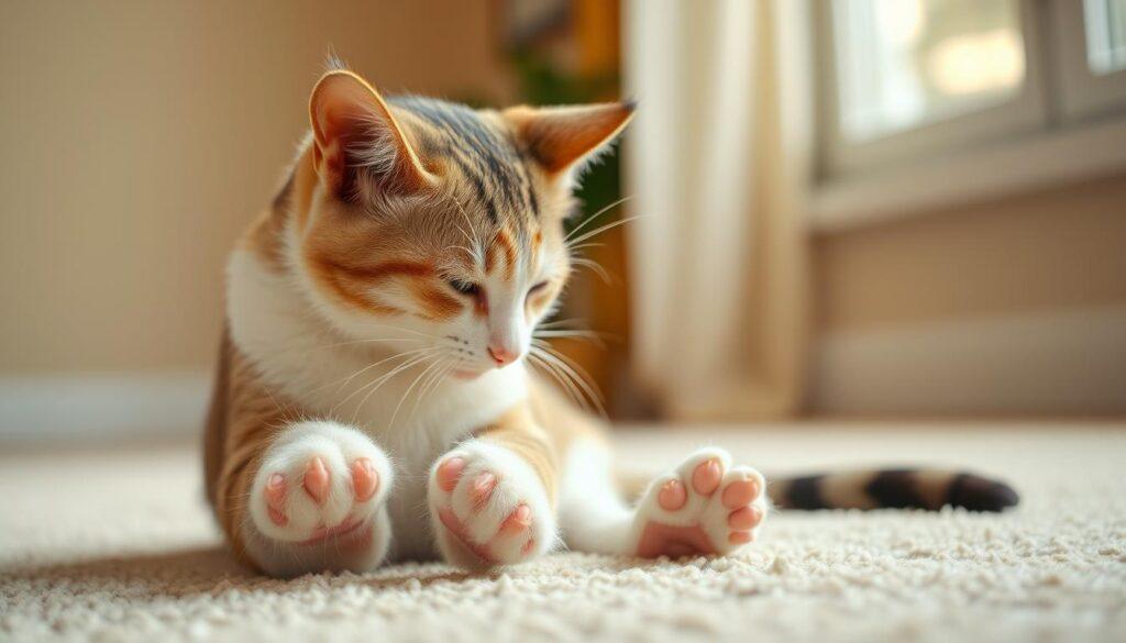 A domestic shorthair cat diligently grooming its paws and face, with soft pink paw pads and whiskers in sharp focus. The cat is sitting on a plush, light-colored carpet, bathed in warm, diffused lighting from a nearby window. The background is blurred, suggesting a cozy, serene indoor setting. The cat's movements are graceful and meticulous, capturing the essence of a cat's natural grooming routine. The overall mood is calming and intimate, inviting the viewer to observe this quintessential feline behavior. A domestic shorthair cat diligently grooming its paws and face, with soft pink paw pads and whiskers in sharp focus. The cat is sitting on a plush, light-colored carpet, bathed in warm, diffused lighting from a nearby window. The background is blurred, suggesting a cozy, serene indoor setting. The cat's movements are graceful and meticulous, capturing the essence of a cat's natural grooming routine. The overall mood is calming and intimate, inviting the viewer to observe this quintessential feline behavior.