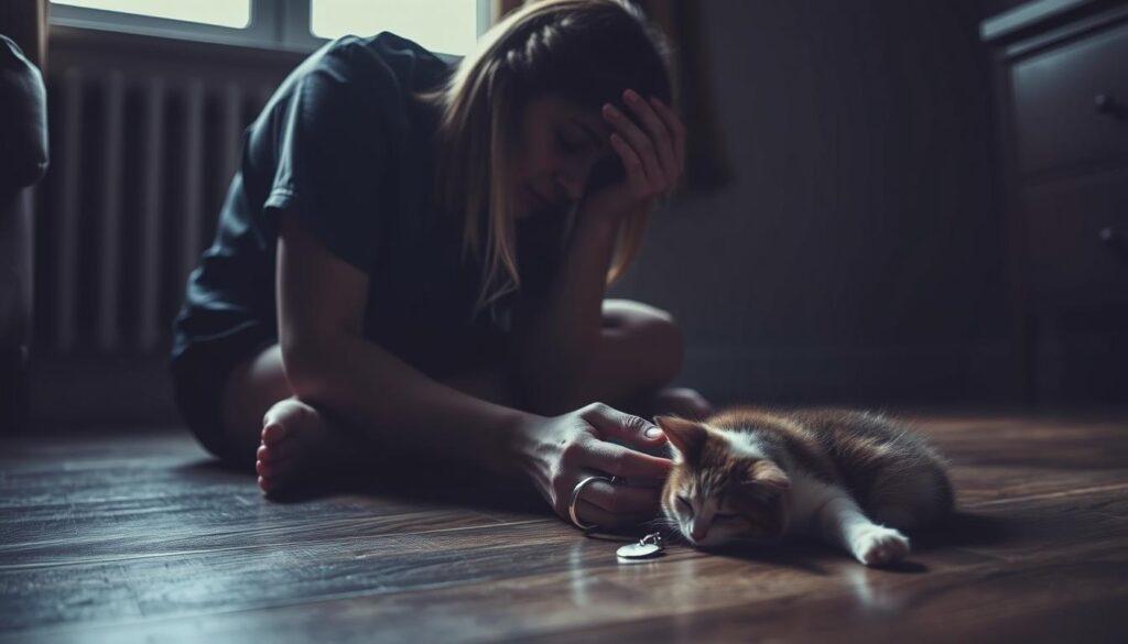 A grieving pet owner sits on the floor, head bowed, tears streaming down their face. Their beloved cat's collar and tags lie in their trembling hands, a poignant reminder of the loss. The dimly lit room is enveloped in a somber atmosphere, the only light filtering in through a window, casting a mournful glow on the scene. The owner's posture conveys a deep, overwhelming sense of sorrow and longing, as they struggle to come to terms with the passing of their cherished feline companion. A grieving pet owner sits on the floor, head bowed, tears streaming down their face. Their beloved cat's collar and tags lie in their trembling hands, a poignant reminder of the loss. The dimly lit room is enveloped in a somber atmosphere, the only light filtering in through a window, casting a mournful glow on the scene. The owner's posture conveys a deep, overwhelming sense of sorrow and longing, as they struggle to come to terms with the passing of their cherished feline companion.