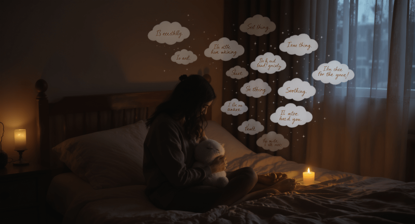 A serene, dimly lit bedroom with soft, diffused lighting filtering through sheer curtains. On the bed, a person sits cross-legged, their hands gently cradling a cat plush, their face illuminated by the warm glow of a flickering candle. Soothing words, handwritten on delicate parchment, float around them, offering comfort and solace. The overall atmosphere is one of healing, tranquility, and the power of empathetic language to provide solace in times of grief. A serene, dimly lit bedroom with soft, diffused lighting filtering through sheer curtains. On the bed, a person sits cross-legged, their hands gently cradling a cat plush, their face illuminated by the warm glow of a flickering candle. Soothing words, handwritten on delicate parchment, float around them, offering comfort and solace. The overall atmosphere is one of healing, tranquility, and the power of empathetic language to provide solace in times of grief.