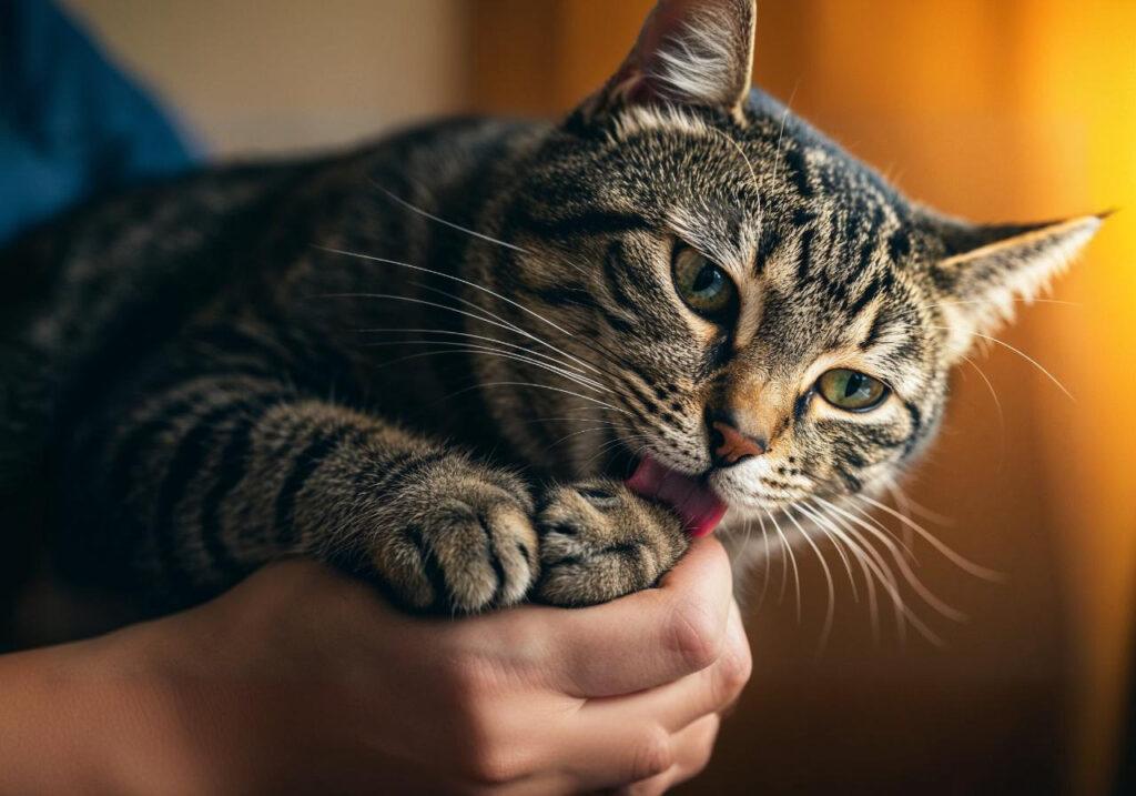 Tabby cat grooming its paw while resting in a person’s hand, close-up of feline cleaning behavior in warm lighting Tabby cat grooming its paw while resting in a person’s hand, close-up of feline cleaning behavior in warm lighting
