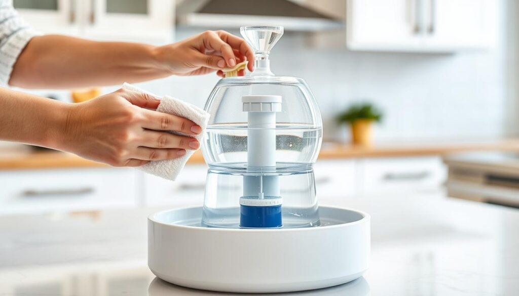 a highly detailed, photorealistic image of a person's hands performing the daily maintenance routine for a cat's water fountain, set against a clean, bright, and well-lit kitchen countertop. The hands are carefully and methodically cleaning the fountain, with a sponge, scrub brush, and mild detergent, ensuring that all surfaces are thoroughly scrubbed and rinsed. The water fountain is prominently featured in the center of the frame, showcasing its various components, such as the water reservoir, filter, and pump. The overall scene conveys a sense of diligence, attention to detail, and a commitment to providing the best possible care for the cat's hydration needs. a highly detailed, photorealistic image of a person's hands performing the daily maintenance routine for a cat's water fountain, set against a clean, bright, and well-lit kitchen countertop. The hands are carefully and methodically cleaning the fountain, with a sponge, scrub brush, and mild detergent, ensuring that all surfaces are thoroughly scrubbed and rinsed. The water fountain is prominently featured in the center of the frame, showcasing its various components, such as the water reservoir, filter, and pump. The overall scene conveys a sense of diligence, attention to detail, and a commitment to providing the best possible care for the cat's hydration needs.