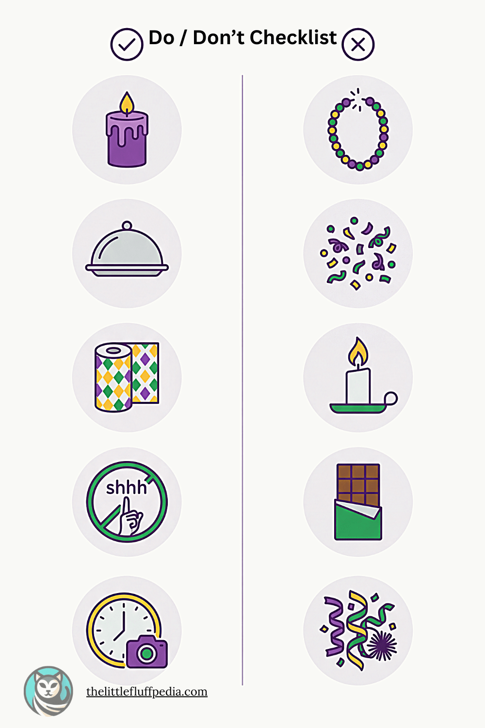Mardi Gras themed do and don’t checklist graphic showing cat-safe decor and food tips with icons in purple, green, and gold.