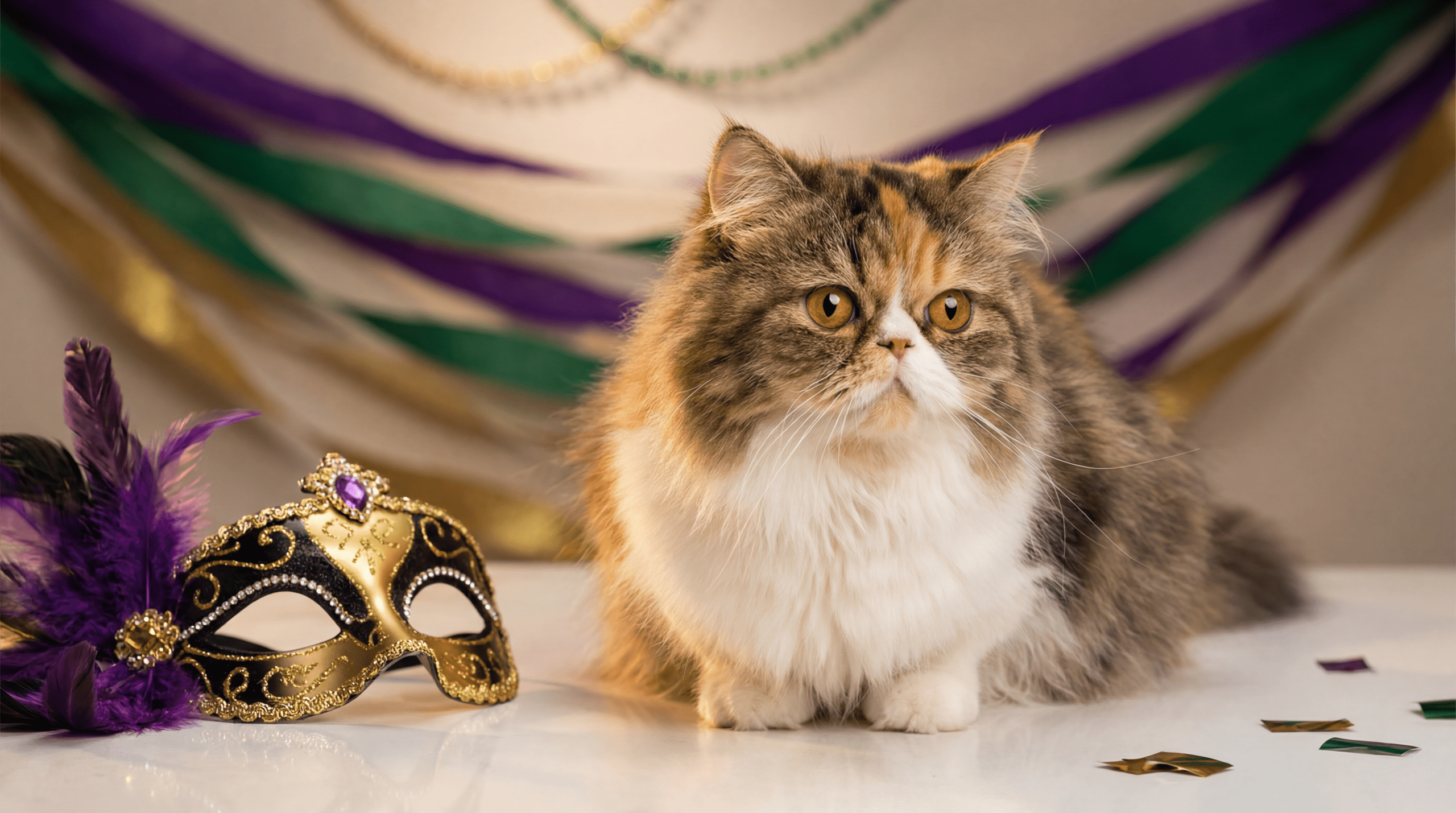 image of a fluffy cat with Mardi Gras carnival decorations in purple, green, and gold, with a masquerade mask prop and soft festive lights in the background.