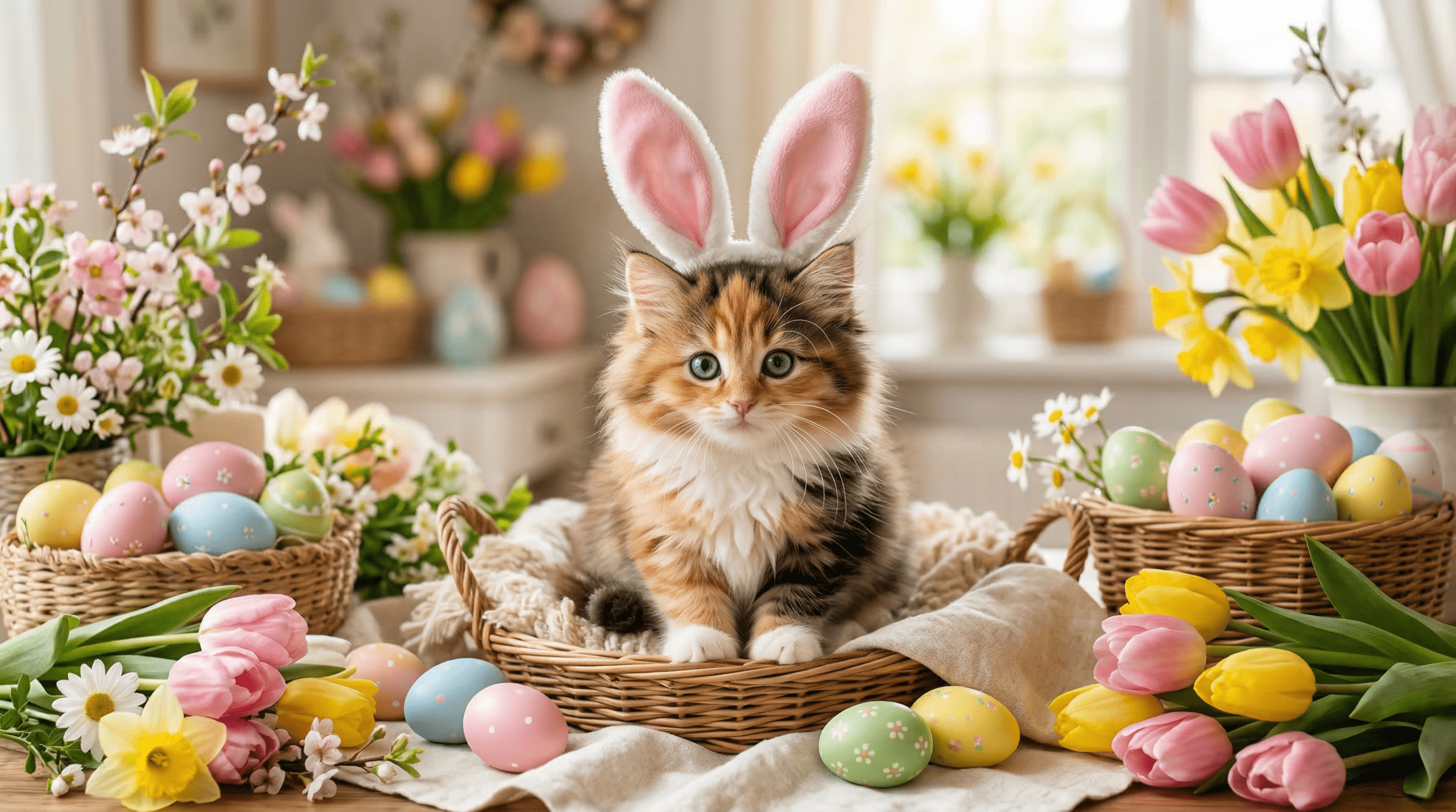 Fluffy cat wearing pastel bunny ears with Easter eggs and spring flowers