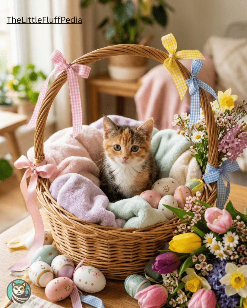 Kitten sitting inside an Easter basket with pastel eggs and spring flowers
