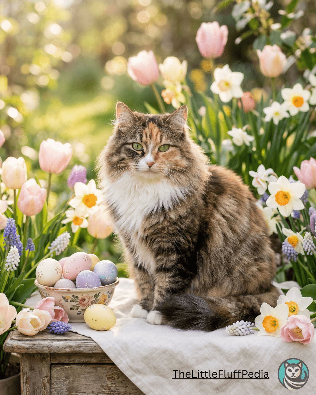 Elegant long-haired cat beside pastel Easter eggs and spring flowers